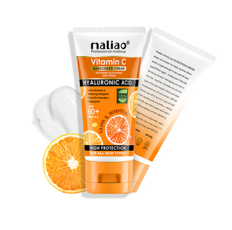 Maliao Vitamin C Sunscreen Cream With Berry Glutathione & Hyaluronic Acid - SPF 60+ PA+++ (High Protection, Waterproof, All Skin Types)